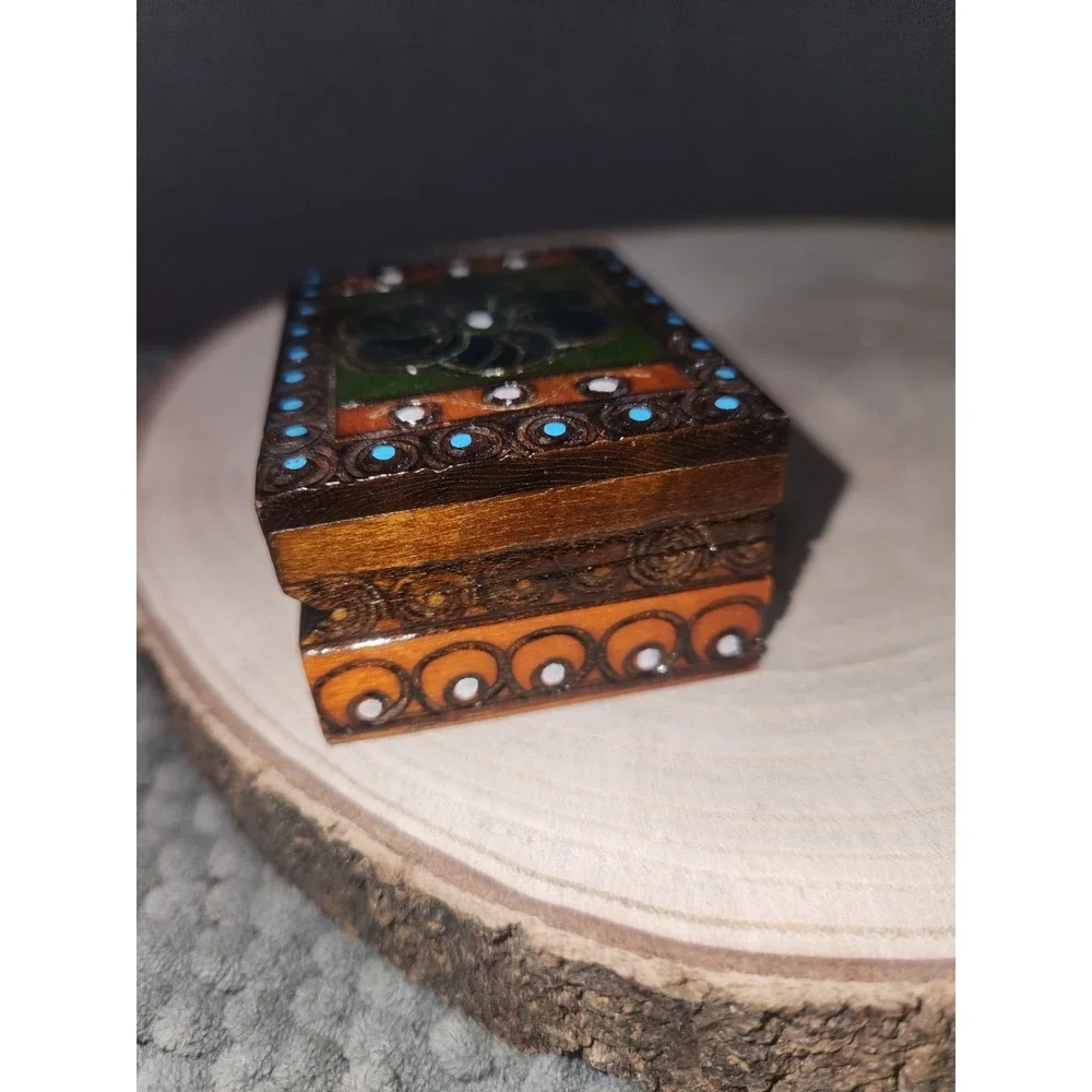 Polish Hand Made Painted/Carved~Burnt Details- Wooden Trinket Box Blue Flower